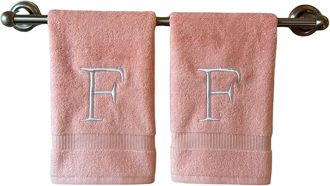 Pink Initial Hand Towel for Bathroom - Monogrammed Luxury Hotel Quality Decorative Embroidered Towel for Powder Room, Spa - GOTS Organic Certified - Set of 2 Letter F
