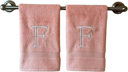 Pink Initial Hand Towel for Bathroom - Monogrammed Luxury Hotel Quality Decorative Embroidered Towel for Powder Room, Spa - GOTS Organic Certified - Set of 2 Letter F