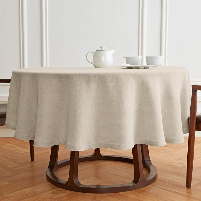 Solino Home Linen 60 Inch Round Tablecloth - 100% Pure Linen Flax Round Tablecloth - Machine Washable Table Cloth for New Year - Sonoma