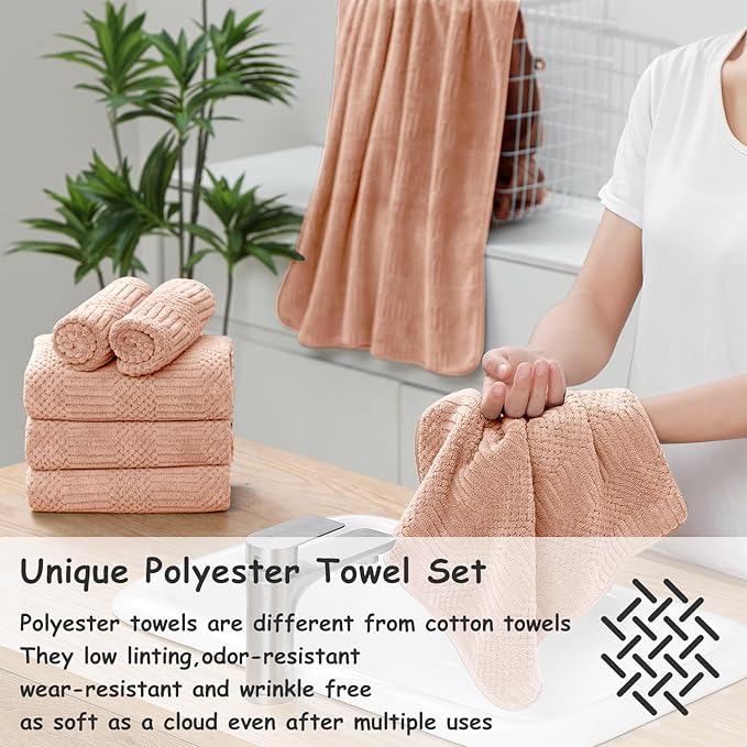 18 Pcs Pink Woven Family Towels Set-6 Bath Sheets,6 Hand Towels,6 Washcloths Soft Polyester Towels Absorbent Shower Towel Quick Dry Beach Chair Towel Lint Less Towels Set for Bathroom Spa Gym Hotel