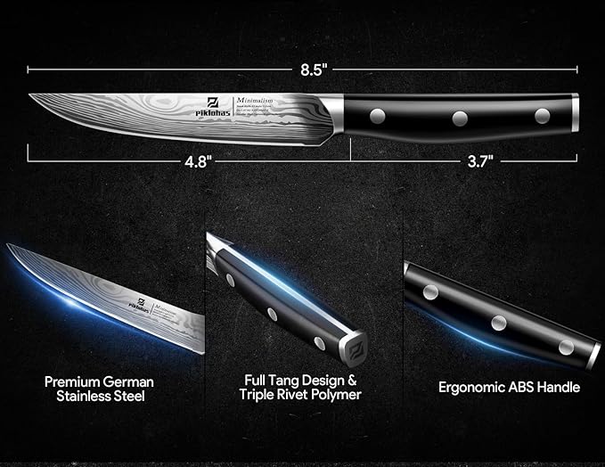 Steak Knives Set of 8 with Drawer Organizer Built-in Sharpener, 4.6 Inch Non Serrated Dinner Knife, Forged German Steel Damascus Pattern Straight Edge Meat Knife with Full Tang Handle, Black