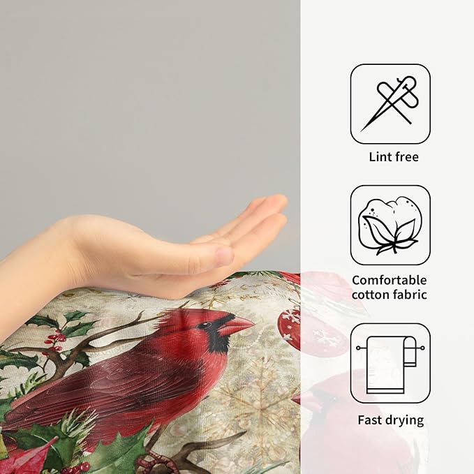 Imiss Merry Christmas Hand Towels Xmas Red Bird Holly Floral Kitchen Decor Soft Absorbent Fingertip Guest Towel for Home Bathroom Hotel Gym Spa