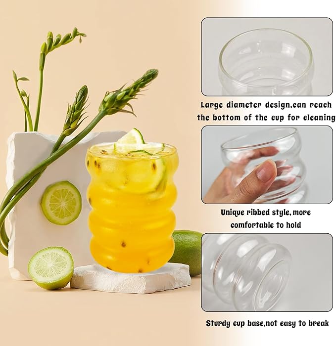 Ribbed Glass Cup 10 Oz Vintage Drinking Glassware Creative Small Ripple Glasses for Iced Coffee Juice Beverage Milk Cocktail Cute Wavy Glass Cups