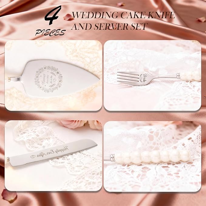 4 Piece Wedding Cake Cutting Set, Knife and Server with Forks, Elegant Wedding Cake Knife and Server Set for Bride and Groom(Pearl Handle Silver)