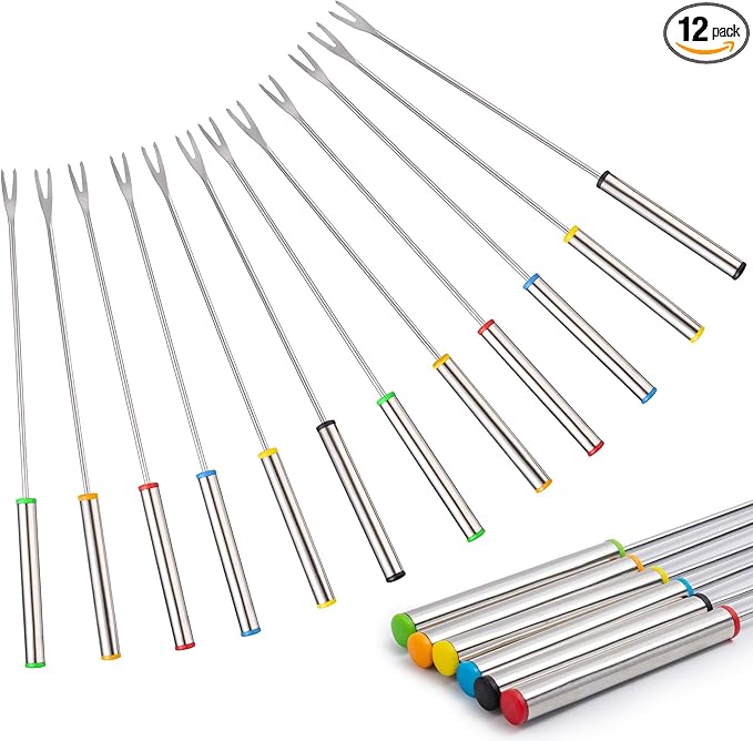12PCS 9.5 Inch Color-Coded Stainless Steel Fondue Forks, Cheese Fondue Fork Stainless Steel Fruit Fondue Cheese with Heat-blocking Handle for Chocolate Fountain Cheese