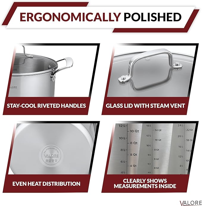 Valore 3 pc Stainless Steel Stock Pot Set - 12, 16 & 24 qt - 5-ply Canning Pots with Brushed Stainless Finish & Riveted Handles - Canning Supplies Compatible with All Cooktops
