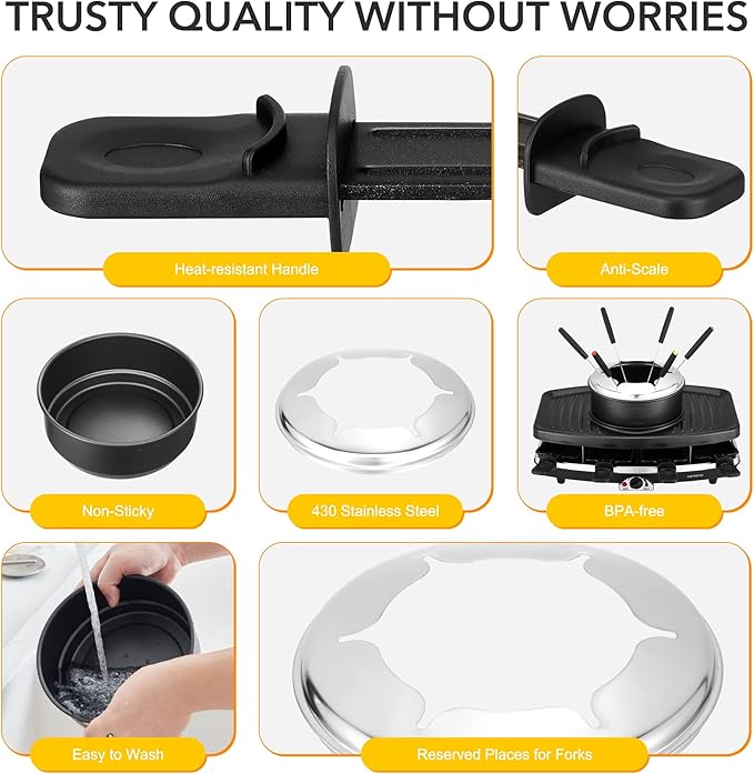 Electric Raclette BBQ Grill with Fondue Pot Sets, Portable Korean Table Grill Electric Indoor Cheese Raclette, Dual Adjustable Thermostats, 8 People Serve Perfect for Parties and Family Fun