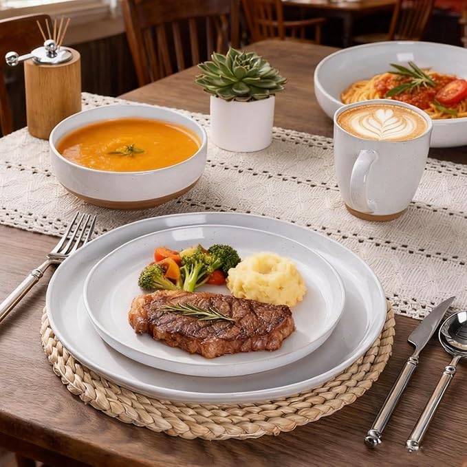 AmorArc Ceramic Dinnerware Sets with Pasta Bowls for 4, Handpainted Plates and Bowls Set with Rustic Terracotta Underside, Scratch Resistant Dishes Set, Dishwasher & Microwave Safe, 16 Pcs