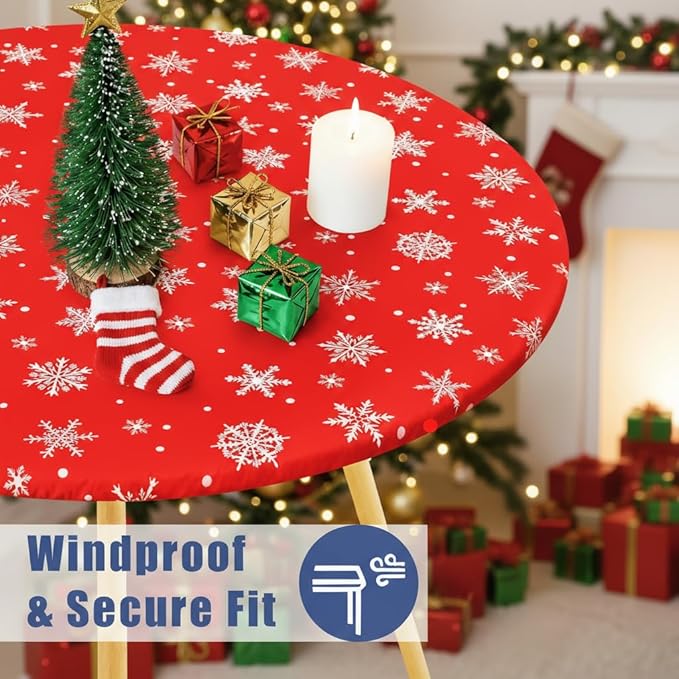 Round Spandex Christmas Tablecloth, Elastic Fitted Waterproof Tablecloths for 36"-44" Tables, Stretch Washable Picnic Table Cover for Christmas Dinner, Dot Snowflake