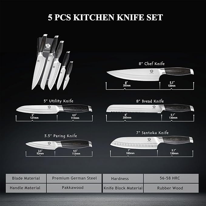 WILDMOK Professional Knife Set, 5 Pieces Kitchen Knife Set, German Stainless Steel Chef Knife Set withGift Box, Black Pakkawood Handle