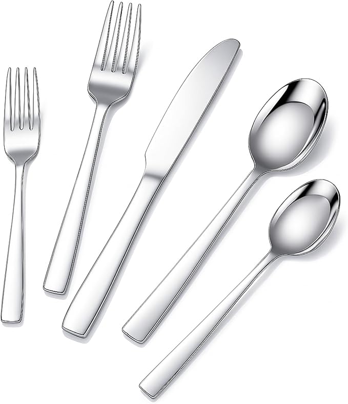 LemonRoad 60 Pcs 18/0 Stainless Steel Flatware Set for 12 Cutlery Set with Modern Round Handle Mirror Polished Silverware for Home Wedding Restaurant Dishwasher Safe