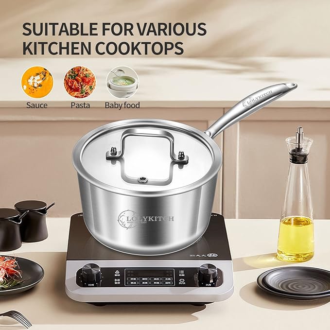 LOLYKITCh Tri-Ply 3 QT Stainless Steel Saucepan with Lid,Dia.20CM Induction Cooking Sauce Pot,Oven & Dishwasher Safe,Detachable Handle.