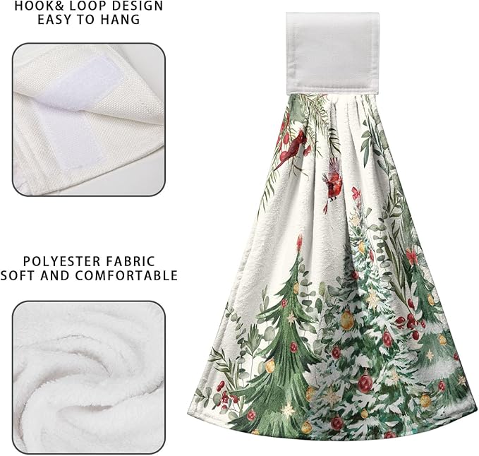 Winter Holly Green Hanging Kitchen Towels Xmas Tree Hand Tie Towel Cardinal Christmas Hanging Dish Towels Soft Absorbent Washcloth for Kitchen Bathroom Laundry