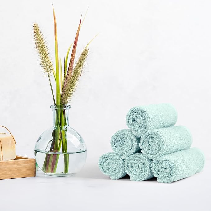 Amazon Basics face Towels for bathroom, 100% Cotton Extra Absorbent washcloth, Fast Drying - salon towel - 24 Pack Ice Blue (12 x 12 inches)