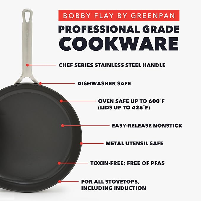 GreenPan x Bobby Flay 10” & 12” Hard Anodized Ceramic Nonstick Frying Pan Set, PFAS-Free, Induction Compatible Skillets, Oven & Broiler Safe to 600˚F, Dishwasher Safe, Black