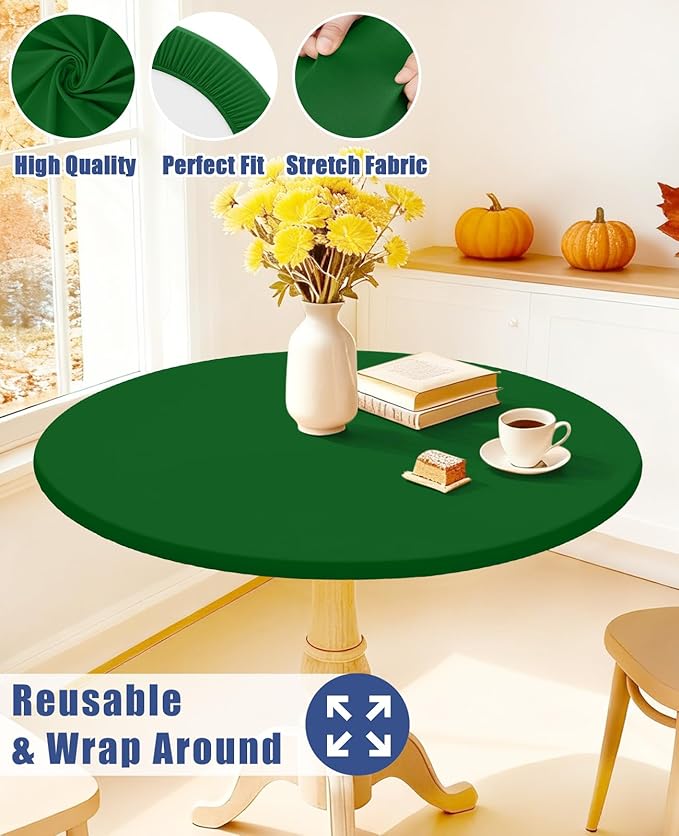 Round Spandex Tablecloth, Elastic Fitted Waterproof Tablecloths for 57"-68" Tables, Stretch Washable Picnic Table Cover for Camping, Dining, Indoor and Outdoor, Emerald Green