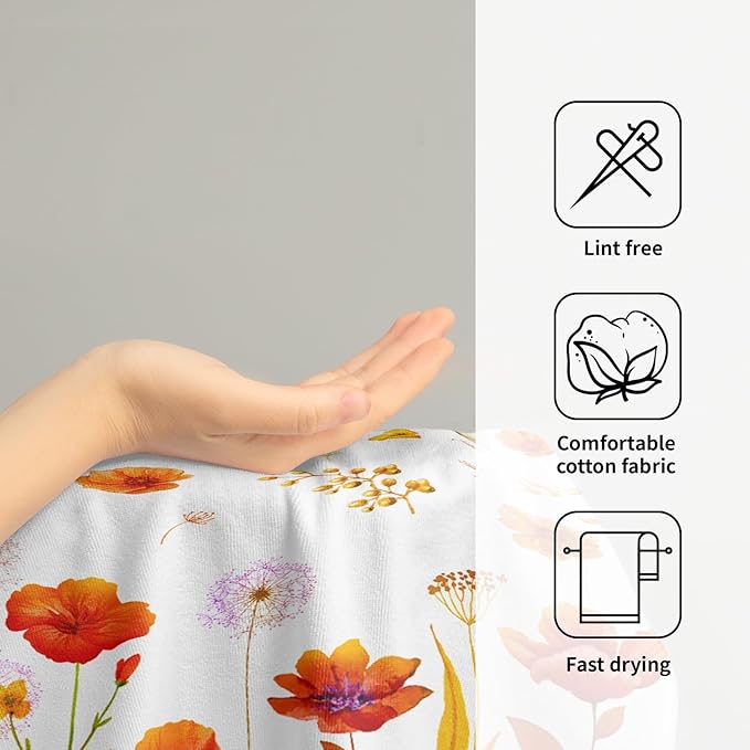 Imiss Orange Wildflowers Hand Towels Fall Yellow Poppy Floral Watercolor Botanical Bathroom Towel Set of 2 Autumn Seasonal Soft Absorbent Bath Guest Towels for Gym,Spa,Hotel