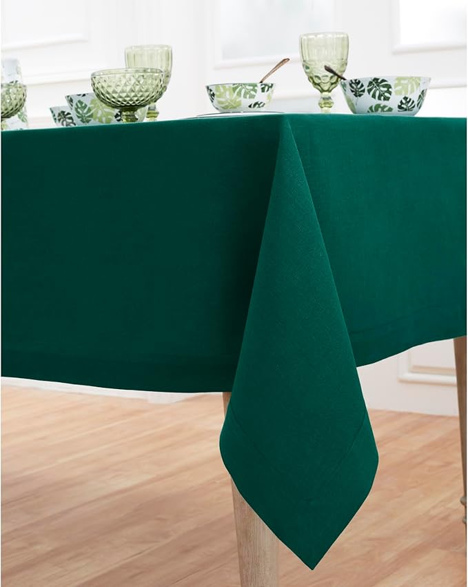 Solino Home Linen Tablecloth for Rectangle Tables 60 x 120 Inch - 100% Pure Linen Rainforest Green Table Cloth - Fete, Machine Washable Cloth Tablecloth for Holiday, Winter, New Year