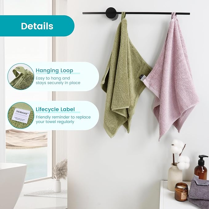SEMAXE 12-Piece Family Bathroom Towel Set - 100% Cotton, 4 Bath Towels, 4 Hand Towels, 4 Washcloths, Ultra-Soft and Super Absorbent, Lighter Weight