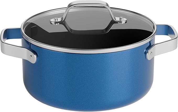 Bakken 12.5 Quart Ceramic Coated Stock Pot with Lid, Easy Clean Nonstick Pot, Tempered Glass Lid, Riveted Stainless Steel Handles, Oven Safe Up To 500°F, PTFE & PFAS Free, All Stove Compatible, Blue