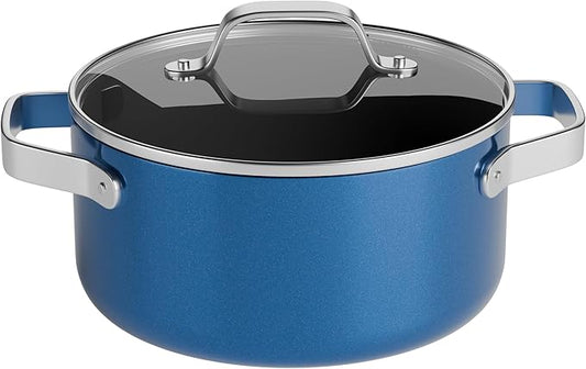 Bakken 12.5 Quart Ceramic Coated Stock Pot with Lid, Easy Clean Nonstick Pot, Tempered Glass Lid, Riveted Stainless Steel Handles, Oven Safe Up To 500°F, PTFE & PFAS Free, All Stove Compatible, Blue