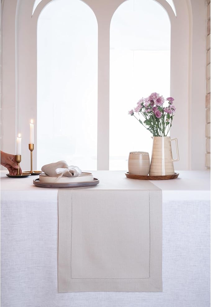 D'Moksha Homes Linen Silver Grey Table Runner 90 Inches Long - Classic Hemstitch 100% Pure Linen Dining Table Runner 14 x 90 Inch for Winter, Holiday, New Year