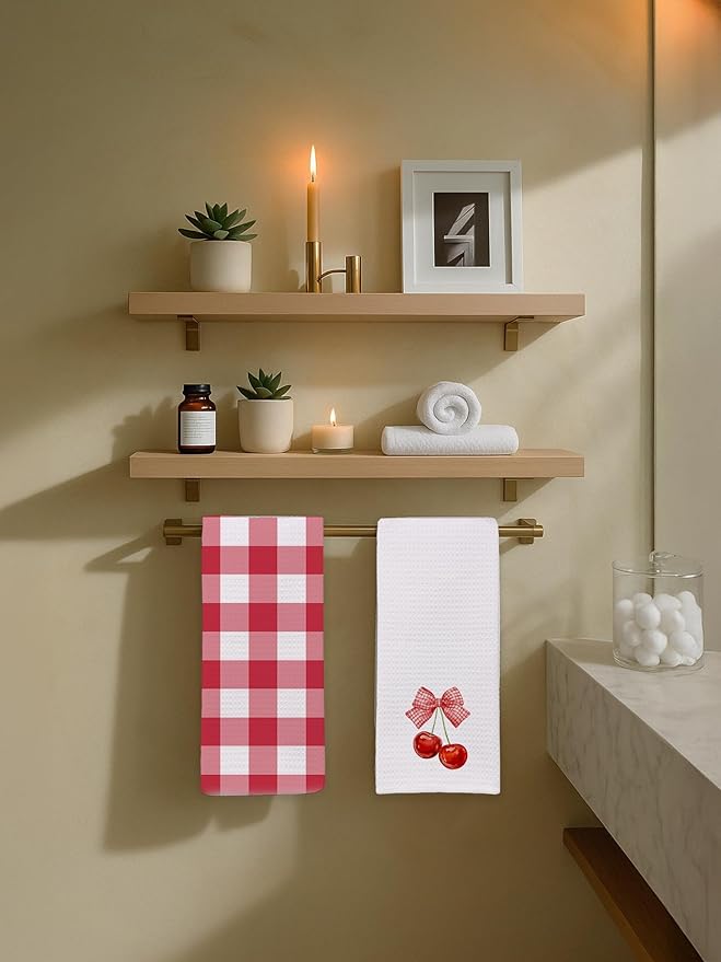 2 Pack Red and White Checkered Hand Towels for Bathroom - Cute Cherry Dish Tea Towels for Kitchen Decor, Cottagecore Decorative Hand Towels for Guest Bathroom, Cherry Themed Housewarming Gift Idea