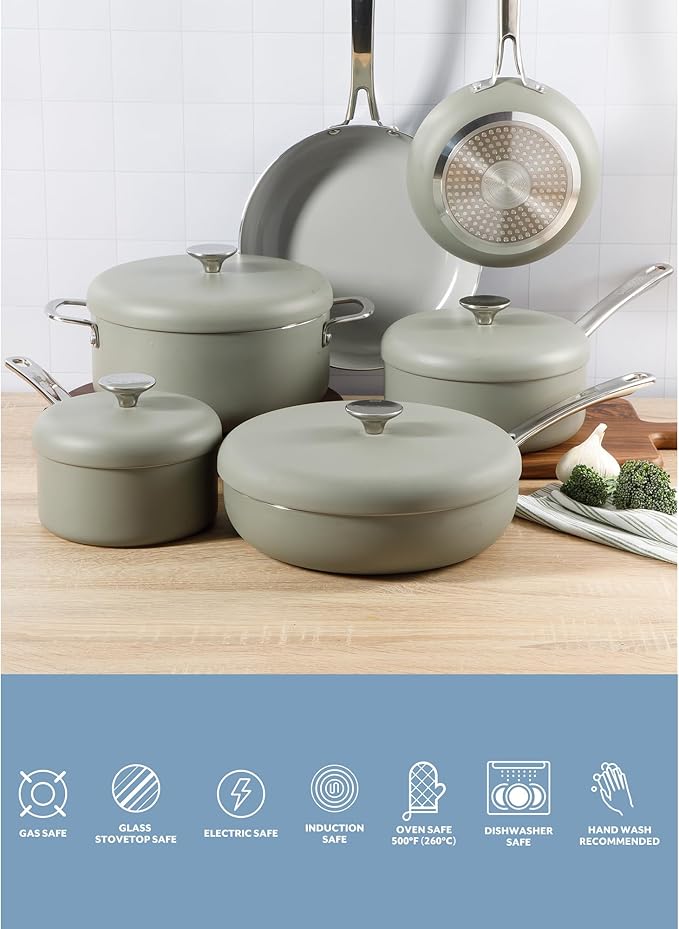 Sur La Table Kitchen Essentials Potluck Porch 10 Piece PFA Free Ceramic Non stick Interior Forged Aluminum Cookware Pots and Pans Set W/Aluminum Lids - Green - Induction Compatible