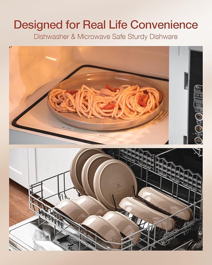 Famiware Milkyway Stoneware Dinnerware Sets with Mugs, Service for 6 (24 Pieces), Plates and Bowls Sets -Scratch Resistant, Microwave and Dishwasher Safe Dishes Set, Cinnamon Brown