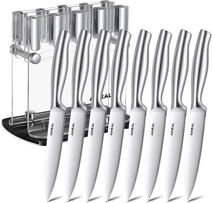 Aiheal Steak Knives Set of 8 with Clear Acrylic Stand, Stainless Steel Steak Knife Set, Sharp Micro-Serrated Steak Knives, Easy to Store