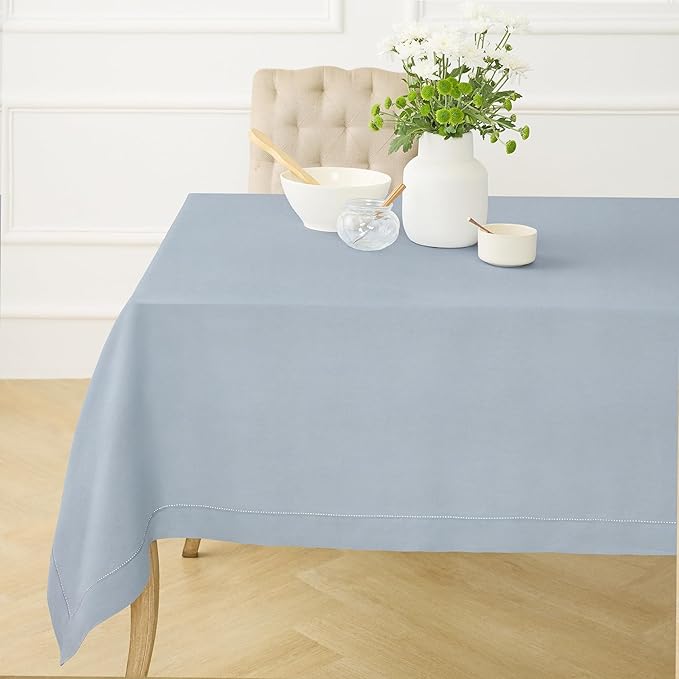 Solino Home Dusty Blue Linen Tablecloth 60 x 90 Inch - 100% Pure Linen Hemstitch Table Cloth for Rectangle Tables - Classic Hemstitch, Machine Washable Tablecloth for Winter