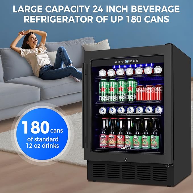 24 Inch Wide Beverage Refrigerator, Under Counter 24" Beverage Cooler with Glass Door, 180 Cans Drink Fridge Built-in/Freestanding Beer Fridge with Powerful Cooling for Home/Kitchen, Black