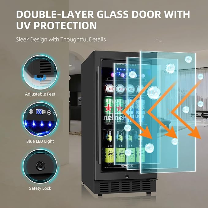 15 Inch Beverage Refrigerator, 130 Cans Drink Fridge with Glass Door & Lock, Upgraded Compressor, Low Noise, Built-in or Freestanding Cooler for Soda, Beer, Water, Black