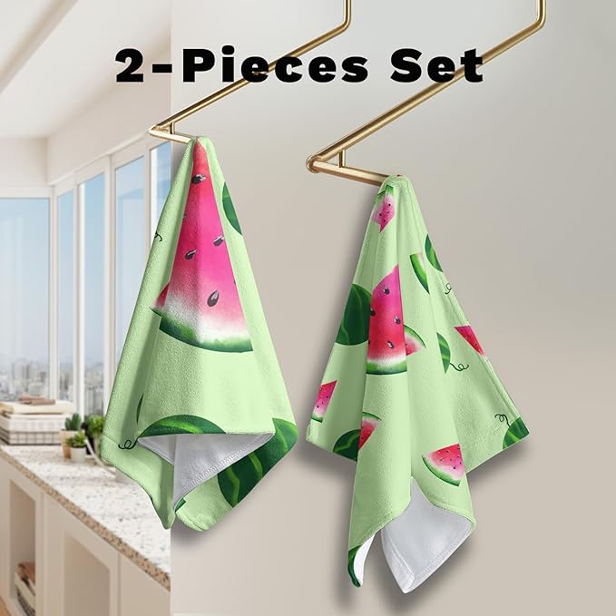 Watermelon Cotton Kitchen Towel Set of 2 Green Tropical Fruits Hand Towels Summer Dish Towel Reusable Portable Drying Baking Tea Towel for Kitchen Home Cleaning Bath Decor