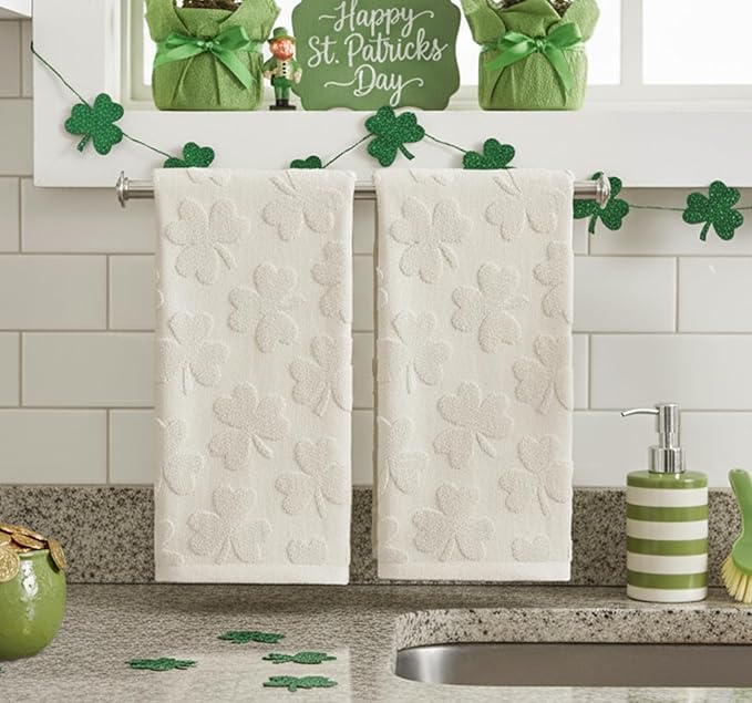Artoid Mode 2 Pcs Beige 3D Shamrock Jacquard Patrick Hand Towels for Bathroom, 100% Cotton Soft Absorbent Bathroom Decor Towels, 13.7 x 29.5 Inch