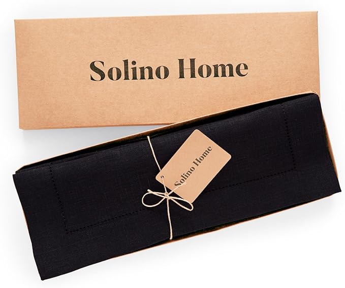 Solino Home Linen Placemats Set of 4 - Medium Weight Hemstitch Black Placemats 14 x 19 Inch - 100% Pure Linen Table Place Mats for Winter, New Year