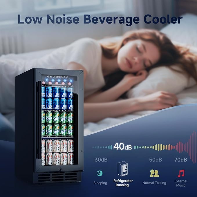 15 Inch Built-In Beverage Fridge, 132-Can Capacity Freestanding Drink Fridge with Tempered Glass Door & Blue LED Display, Adjustable Shelving for Home Bar, Kitchen, or Office Use (Black)