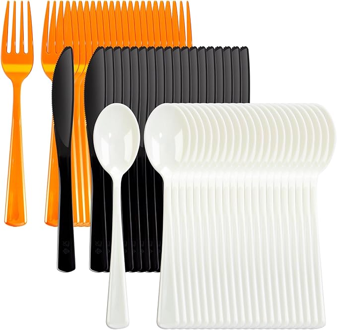 NOCCUR 180PCS Christmas Plastic Silverware Set - Tricolor Flatware Disposable Supplies Include 60 Black Knives, 60 Orange Forks, 60 White Spoons - Ideal for Thanksgiving Party
