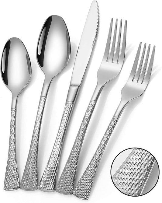 Lemeya Hammered Silver Silverware Set for 8,Stainless Steel 40-Piece Modern Cutlery Set,Mirror Polished Heavy Duty Flatware Set Utensil Set,Knives Spoons and Forks Set,Dishwasher Safe