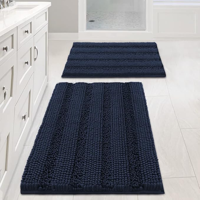 H.VERSAILTEX Navy Blue Bathroom Rugs 2 Piece, Bath Mat Set Slip-Resistant Extra Absorbent Soft and Fluffy Striped Chenille Bath Rugs, Floor Mats Dry Fast Machine Washable (20" x 32"/17" x 24")