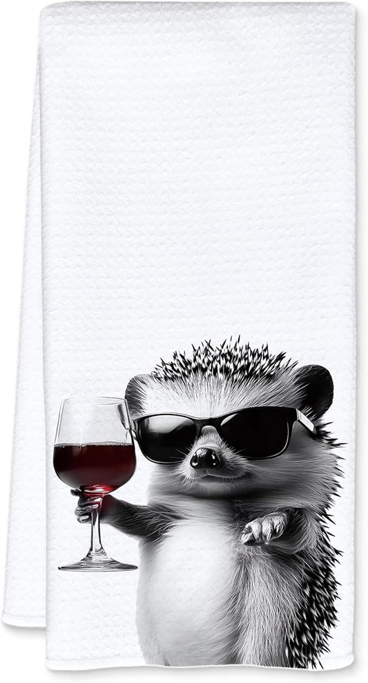 Funny Hedgehog Kitchen Towels, Hedgehog Gifts Dish Tea Towel, Bar Towels for Bartender, Wine Lover Gift, 16x24 Inch