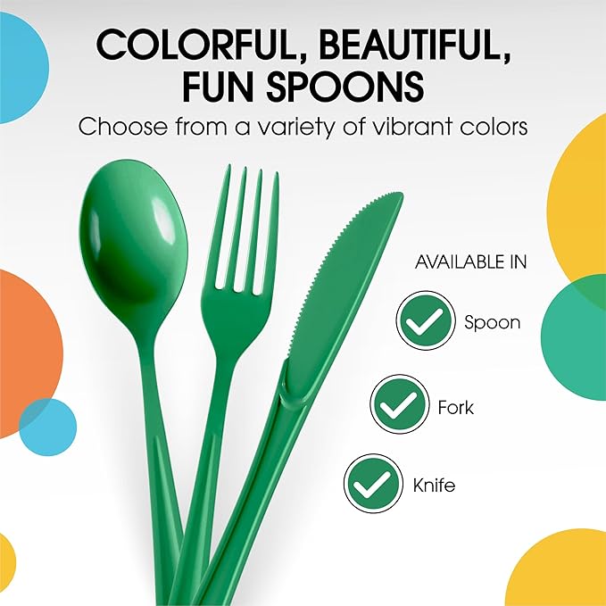 Party Solids Disposable Emerald Green Plastic Spoons 200 Pcs - Heavy Duty Modern Plastic Disposable Cutlery