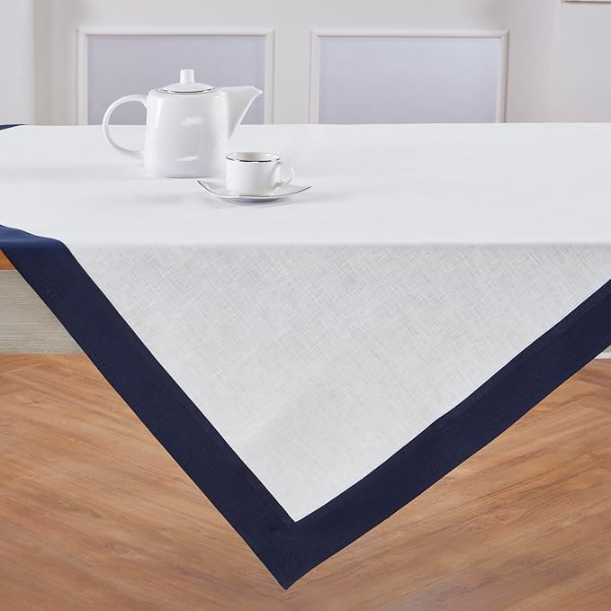 Solino Home Linen Square Tablecloth 52 x 52 Inch - 100% Pure Linen Navy and White Table Throw - Contempo, Machine Washable Table Cloth for Winter