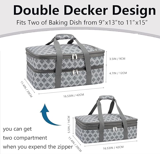 Insulated Casserole Carrier Bag - Portable Thermal Food Tote Carrying Case Bag for 9x13/11x15 Inch Pans - Keep Hot/Cold 4+ Hours - Double Decker for Festival Potlucks, Camping or Outdoor Events