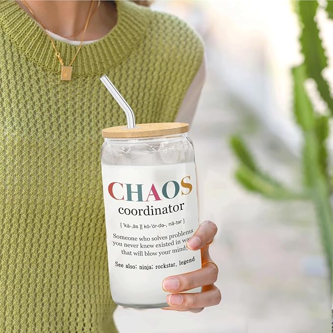 Chaos Coordinator Gifts Glass Cup Lids and Straws 14oz, Appreciation Gifts for Boss Leader Manager Coworker Nurse Mentor, Glass Iced Coffee Tumbler Drinking Jars with Cleaning Brush