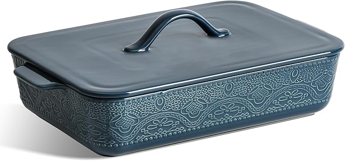 Casserole Dish with Lid, Ceramic 9x13 Casserole Dish for Oven, Rectangular Bakeware, Large Baking Dish with Handles for Holiday Cooking, Roasting, Baking, Oven & Microwave Safe (Blue)