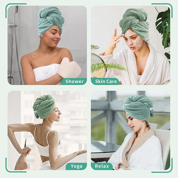 2 Pack Extra Large Microfiber Hair Towel Wrap, 37.4" x 26.4" for Women, Super Absorbent & Quick Dry Hair Towel with Elastic Strap for Curly Hair Green