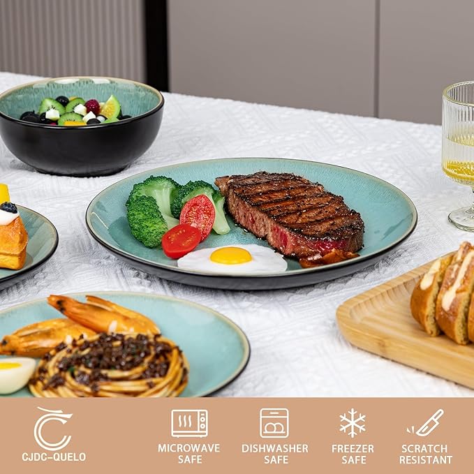 Plates and Bowls Sets for 4 - CJDC-QUELO 12-Piece Stoneware Dinnerware Sets, Ceramic Dishware Set for Kitchen Use and Formal Dining, Chip and Scratch Resistant Microwave Dishwasher Safe, Green