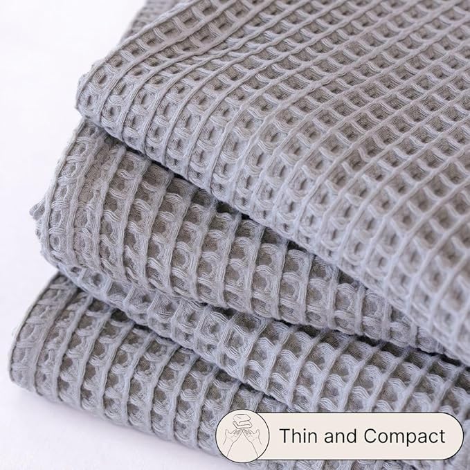 2-Piece Waffle Towels Set for Bathroom Gray - Soft 100% Turkish Cotton Quick-Dry Lint-Free Waffle Weave Thin Bath and Hand Towels (Gray, Set of 2 Mix Towels)
