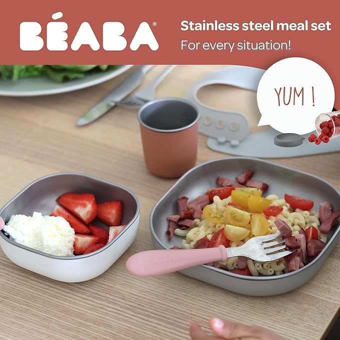 BEABA Stainless Steel Meal Set | Microwave and Oven Safe | Baby Plates Baby Bowls and Cup with Anti-Slip Silicone Cover | Kids Plates Non Toxic, Terracotta